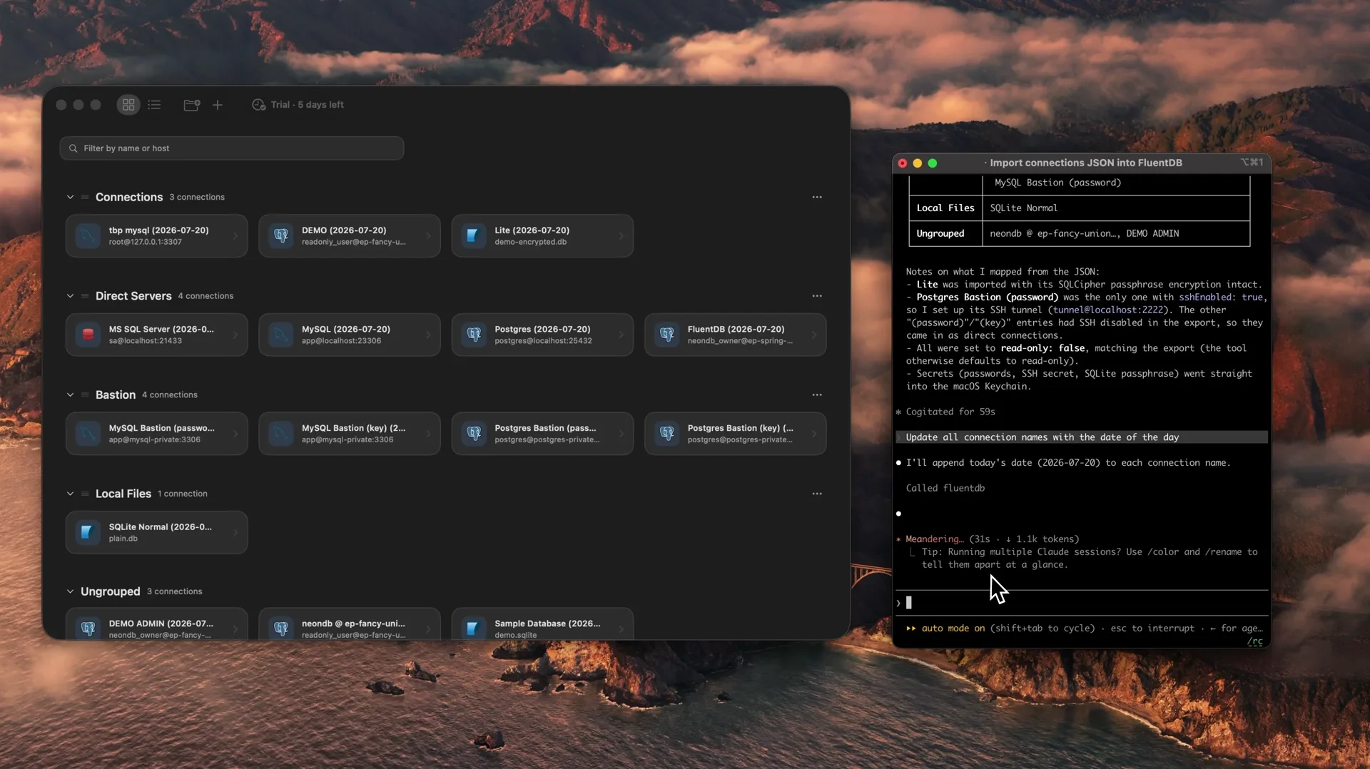FluentDB being driven by an AI agent over the Model Context Protocol to create and update rows